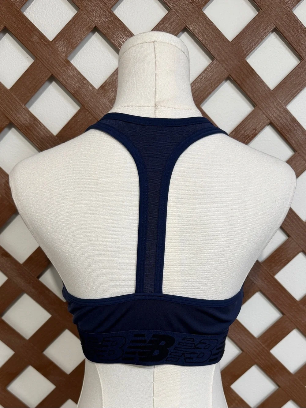 WAT33 {New Balance} Navy Blue Logo Band V-Neck Halter Neck Racerback Sports Bra